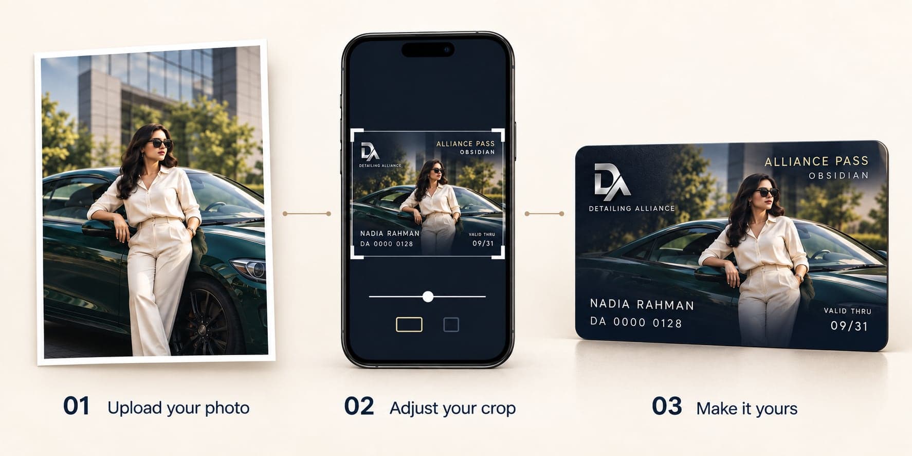 Upload your photo, adjust the crop, and your Alliance Pass is printed with it.